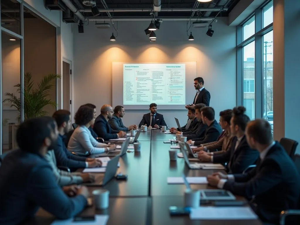 HR and executive team presenting a global hiring strategy in a modern boardroom
